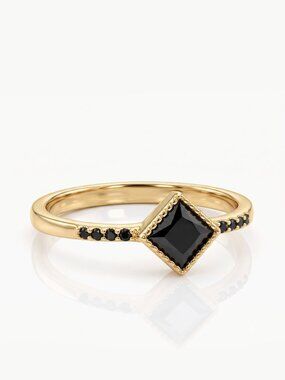 Dainty Gold Ring with Black Gemstone, 925 Sterling Silver, 10k Gold Finish
